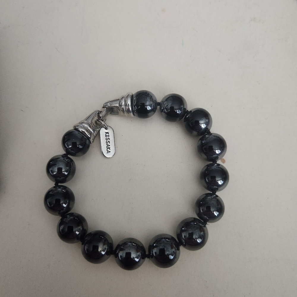 Vintage Kissaka Designer 7" Bracelet Black Faux Onyx Beads !!!